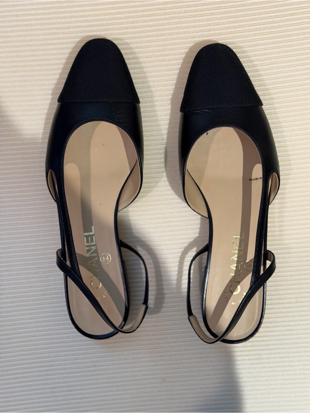 CHANEL Black Leather & Fabric Slingback Flats